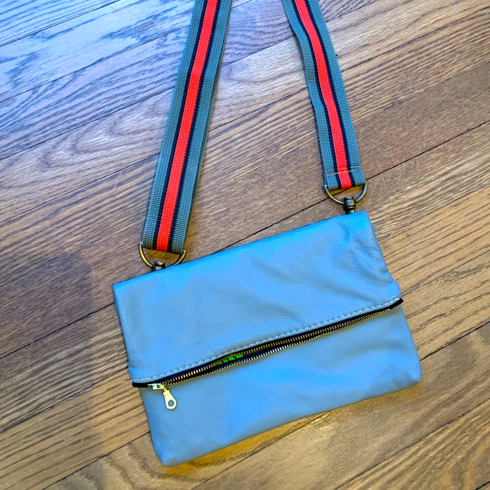 Leather Belt bag or crossbody Grey with green/red stripe belt